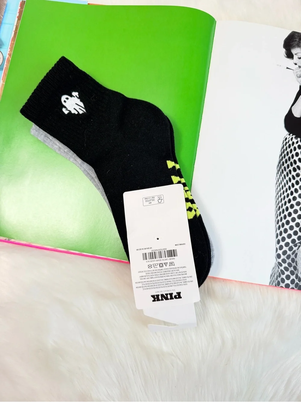 PINK Victoria's Secret Gray Ankle Socks with Orange Pineapple Accent